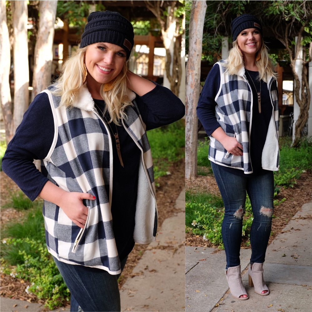 PLUS Navy Buffalo Plaid Fleece Lined Vest
